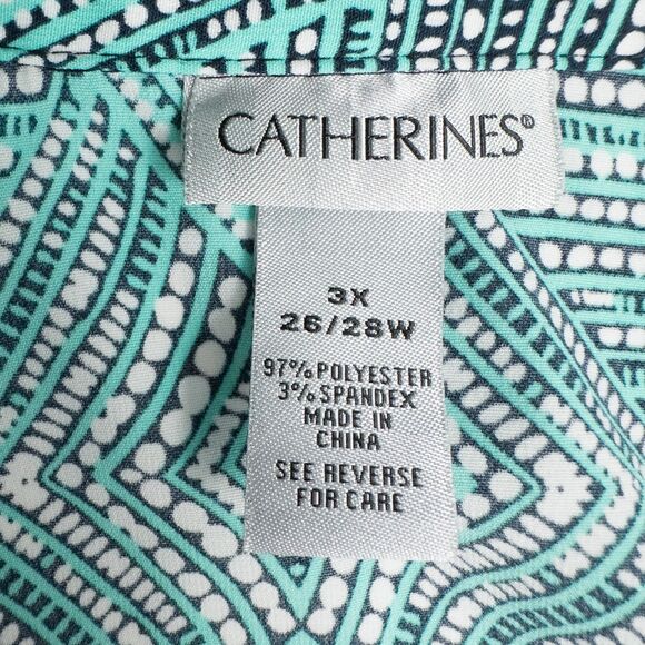 Catherines Button Front Top 3/4 Roll Tab Sleeve Womens 3X Aqua Green Geo Print - Picture 3 of 16